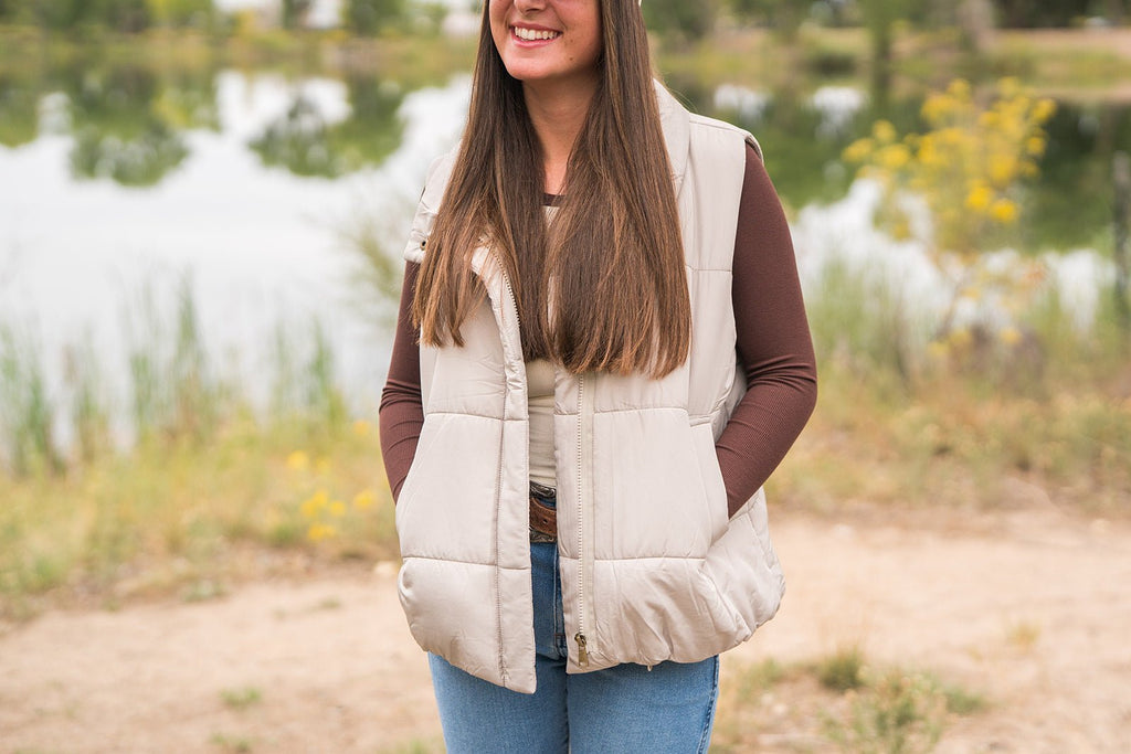 Beige Zip Up Puffer Vest - Pepper & Pearl Boutique