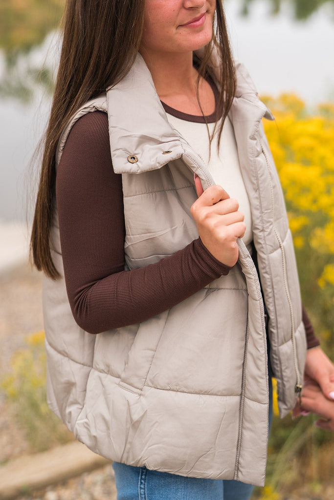 Beige Zip Up Puffer Vest - Pepper & Pearl Boutique