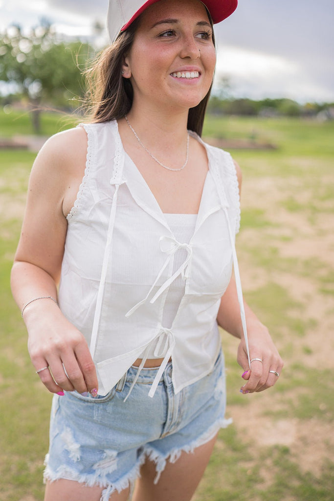 Eyelet Front Tie Top - Pepper & Pearl Boutique