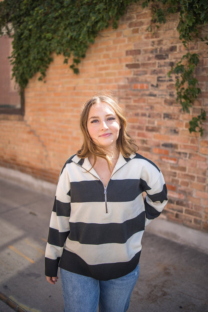 Half Zip Striped Pullover - Pepper & Pearl Boutique