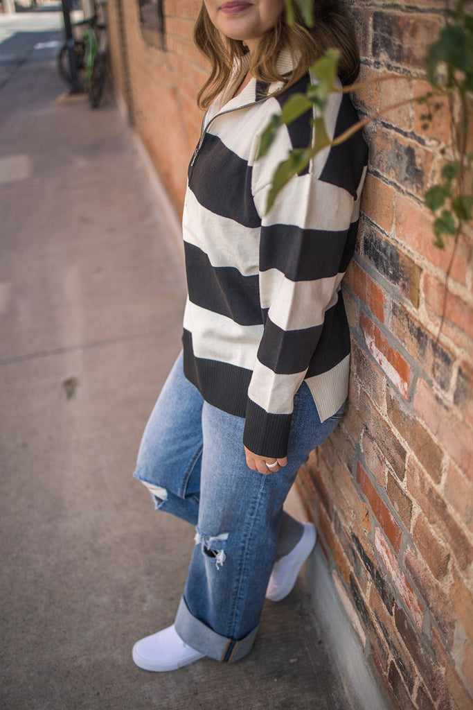 Half Zip Striped Pullover - Pepper & Pearl Boutique