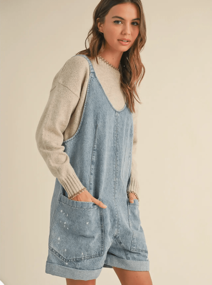 Here For It Distressed Shortalls - Pepper & Pearl Boutique