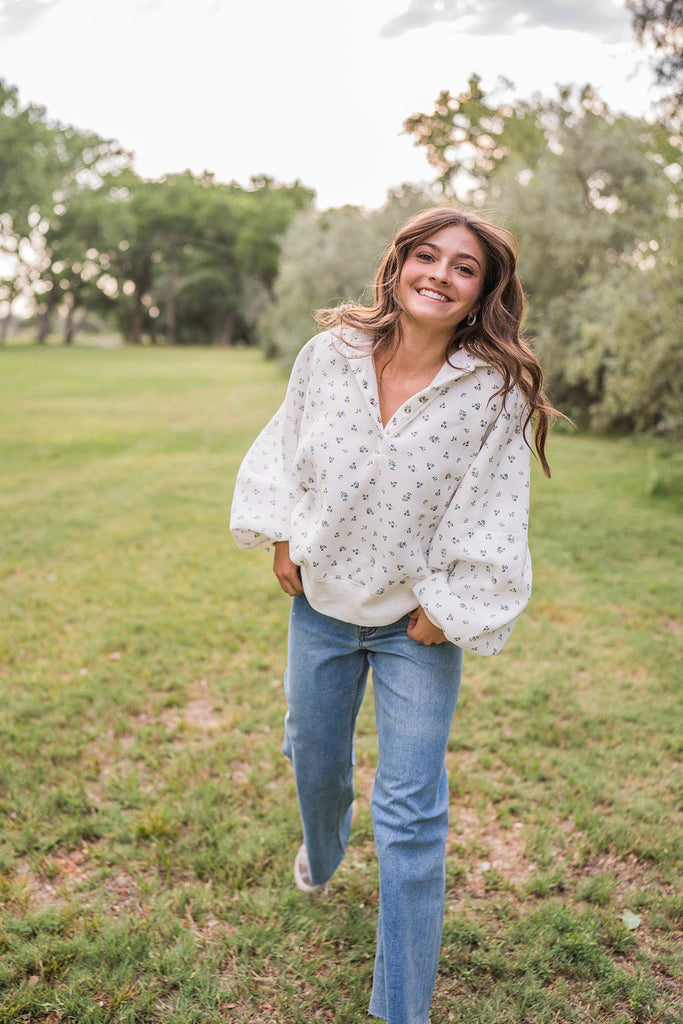 Snap Button Floral Collared Sweatshirt - Pepper & Pearl Boutique