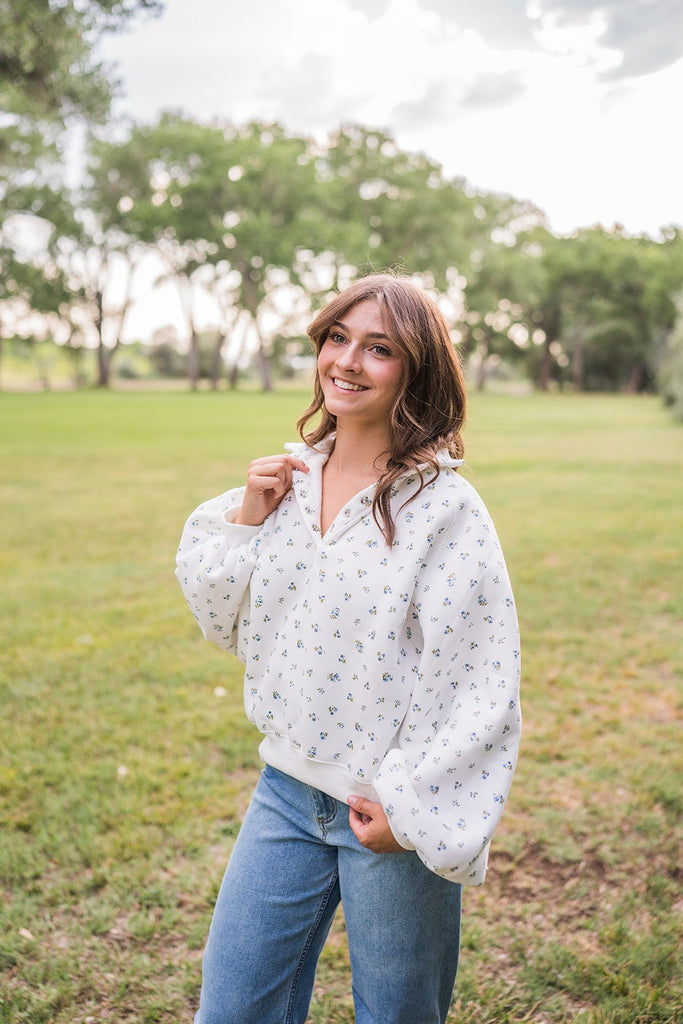Snap Button Floral Collared Sweatshirt - Pepper & Pearl Boutique