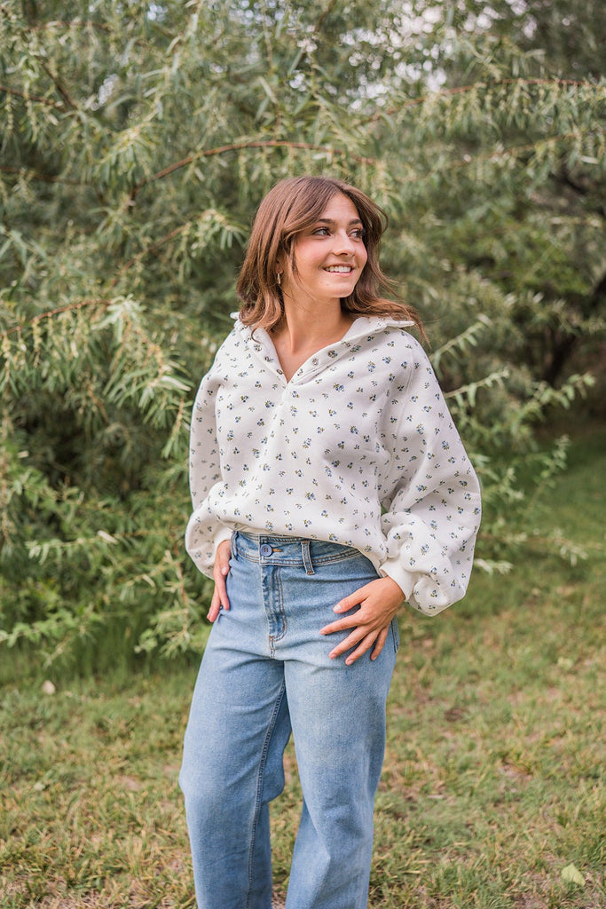 Snap Button Floral Collared Sweatshirt - Pepper & Pearl Boutique