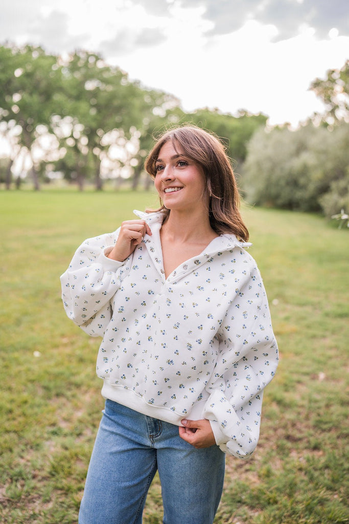 Snap Button Floral Collared Sweatshirt - Pepper & Pearl Boutique