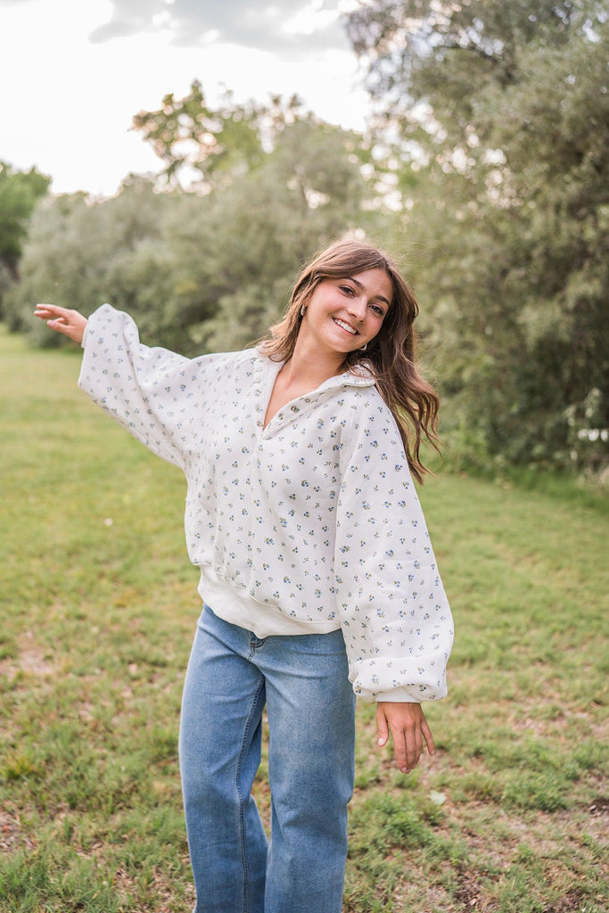 Snap Button Floral Collared Sweatshirt - Pepper & Pearl Boutique