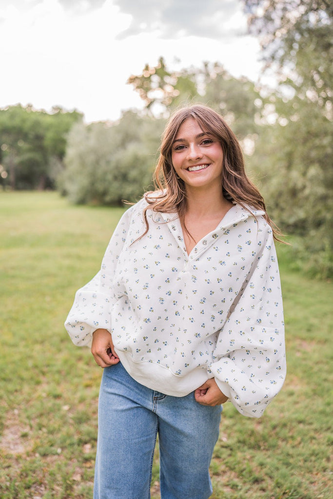 Snap Button Floral Collared Sweatshirt - Pepper & Pearl Boutique