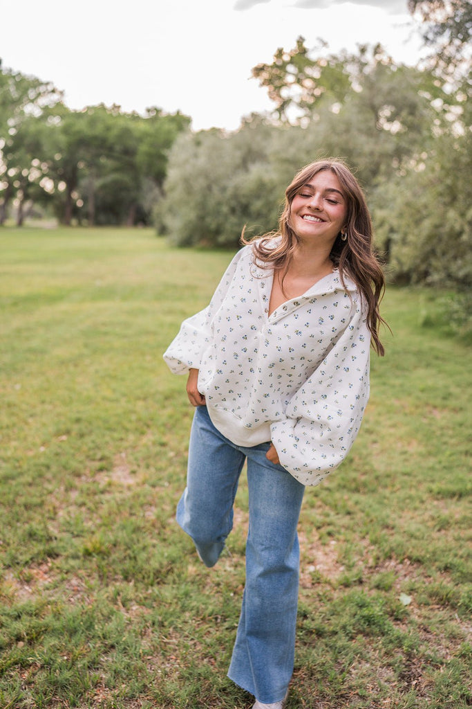 Snap Button Floral Collared Sweatshirt - Pepper & Pearl Boutique
