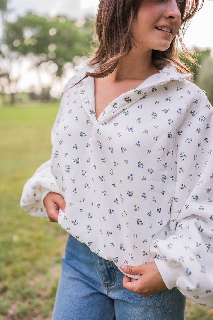 Snap Button Floral Collared Sweatshirt - Pepper & Pearl Boutique
