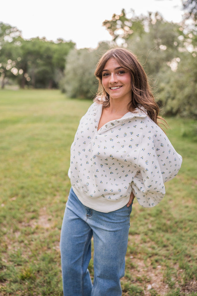 Snap Button Floral Collared Sweatshirt - Pepper & Pearl Boutique