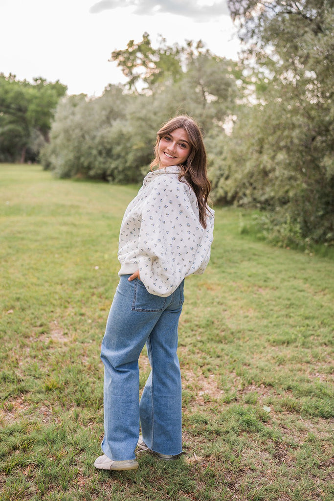 Snap Button Floral Collared Sweatshirt - Pepper & Pearl Boutique