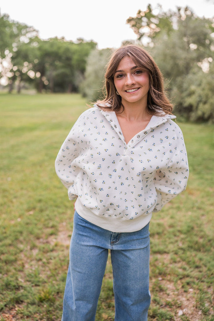 Snap Button Floral Collared Sweatshirt - Pepper & Pearl Boutique
