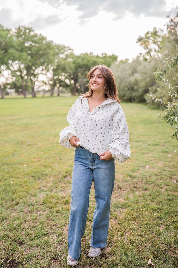 Snap Button Floral Collared Sweatshirt - Pepper & Pearl Boutique