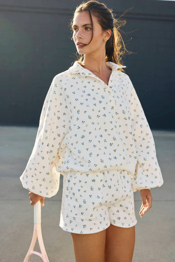 Snap Button Floral Collared Sweatshirt - Pepper & Pearl Boutique