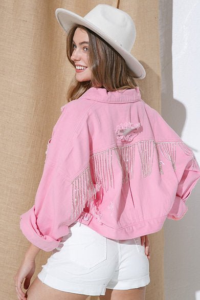 Bright Pink Rhinestone Fringe Denim Jacket - Pepper & Pearl Boutique