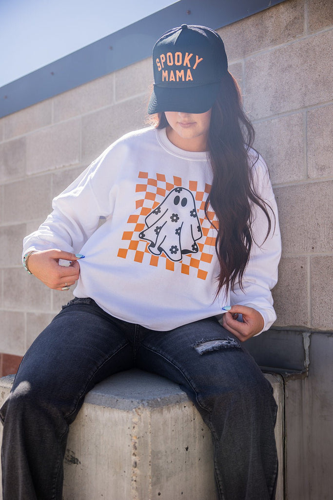 Checkered Boo Crewneck - Pepper & Pearl Boutique